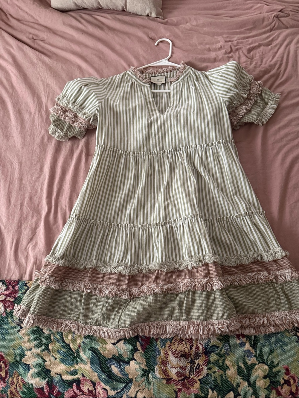 Tuckernuck Olive-Striped Mini Dress with Pink Fringe